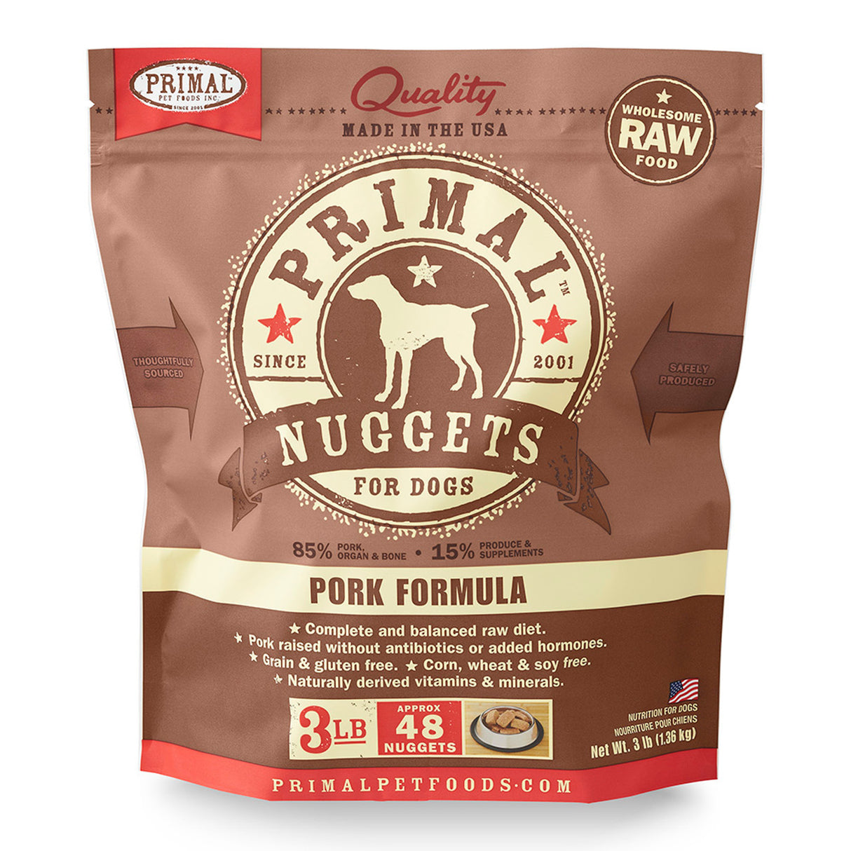 Comida cruda congelada para perros Primal en forma de nuggets con fórmula de cerdo