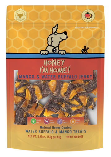 Honey I'm Home! Natural Honey Coated Water Buffalo & Mango Jerky Dog Treats (5.29oz Bag)