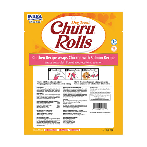 Inaba Dog Treat Churu Rolls Chicken Wraps Chicken & Salmon 8pk