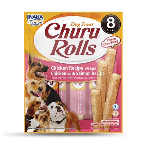 Inaba Dog Treat Churu Rolls Chicken Wraps Chicken & Salmon 8pk