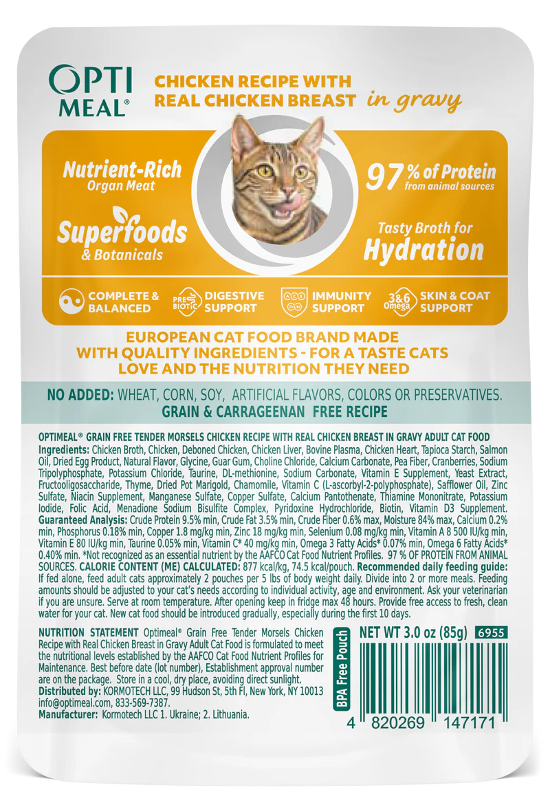 OptiMeal Grain-Free Adult Tender Morsels with Chicken Breast in Gravy Wet Cat Food (3oz pouch)