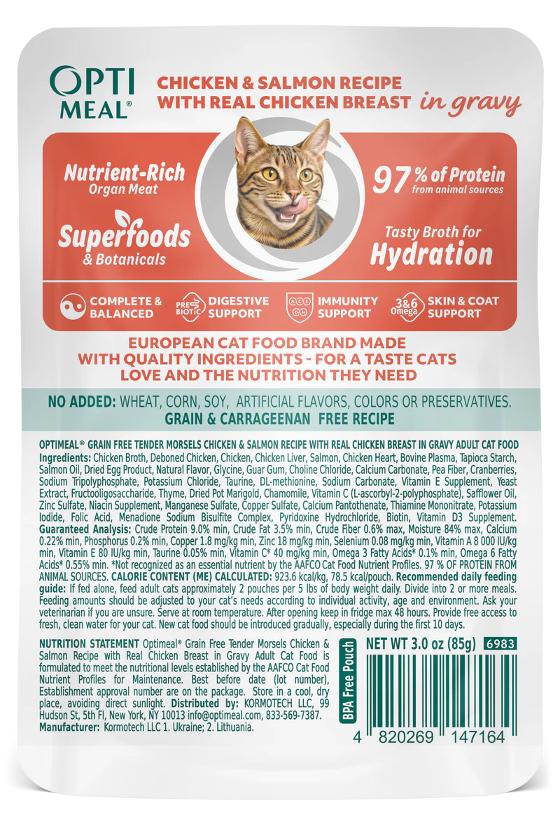 OptiMeal Grain-Free Adult Chicken & Salmon Recipe in Gravy Wet Cat Food (3oz pouch)