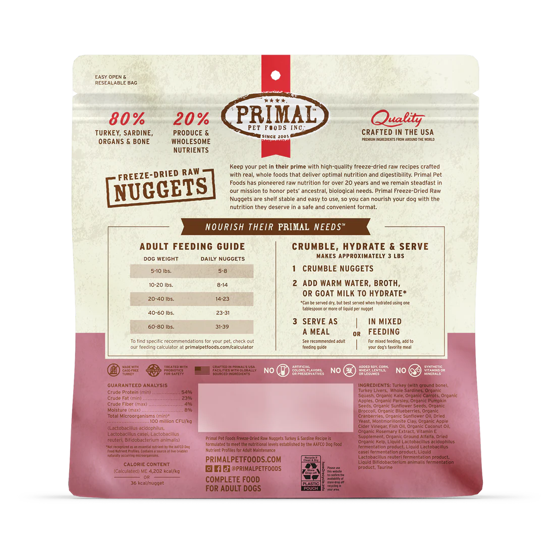 Fórmula canina Primal D FD, en forma de nuggets de pavo y sardinas, 14 oz