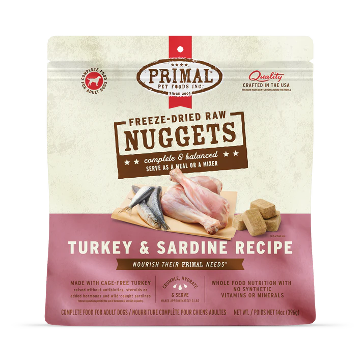 Fórmula canina Primal D FD, en forma de nuggets de pavo y sardinas, 14 oz