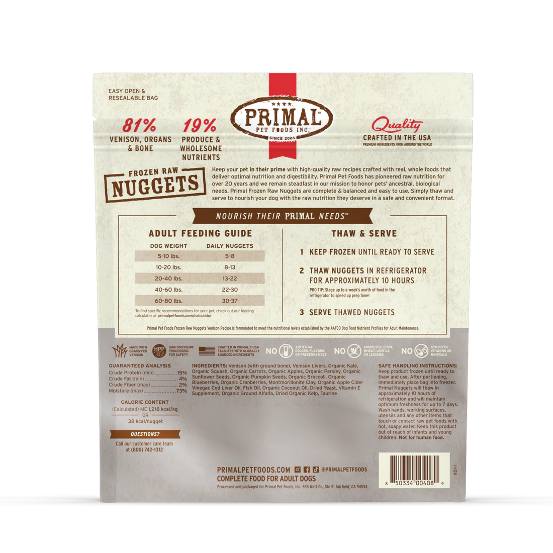 Primal Frozen Raw Nuggets Venison Recipe Dog Food