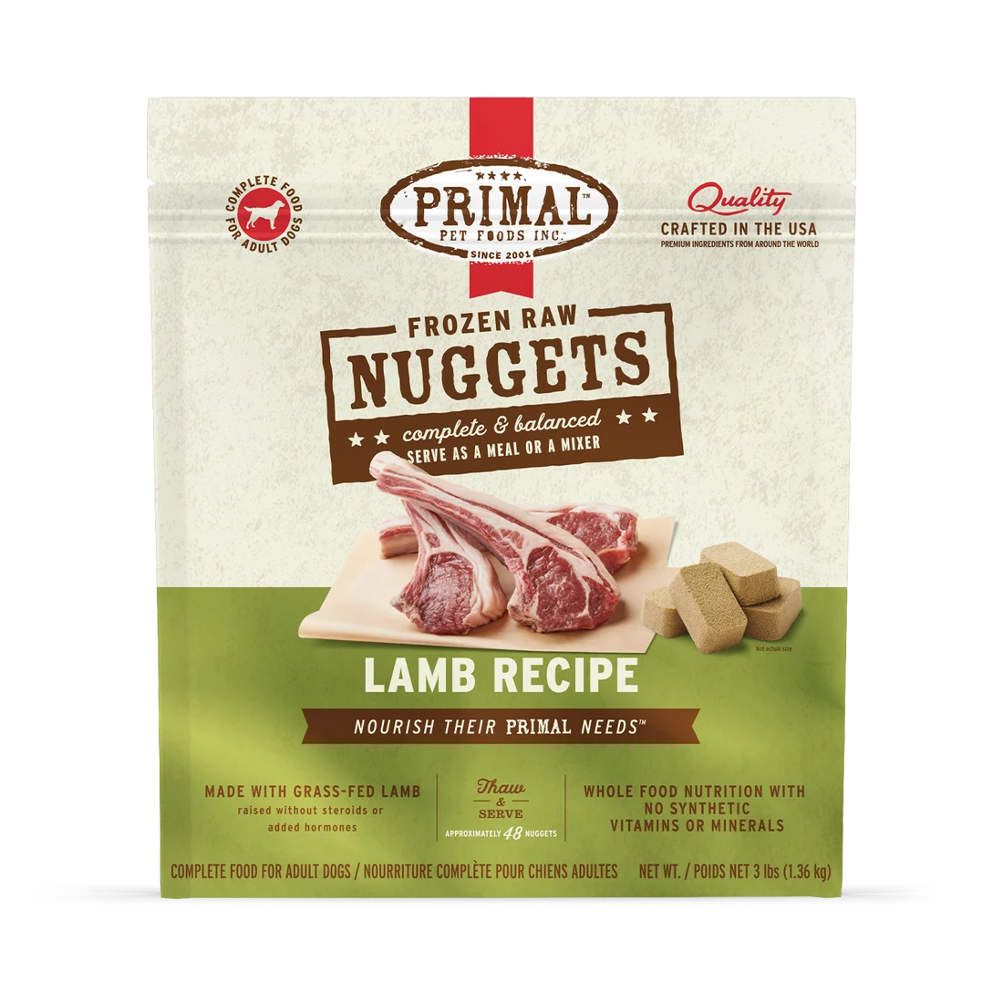 Comida cruda congelada para perros Primal en forma de nuggets con fórmula de cordero