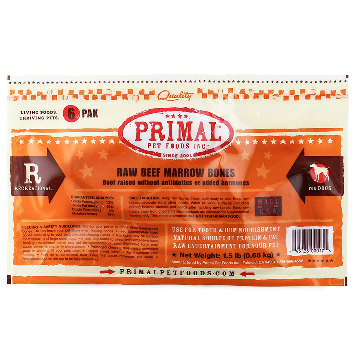 Primal Dog Frozen Raw Beef Marrow Bone (2" - 6 pack)