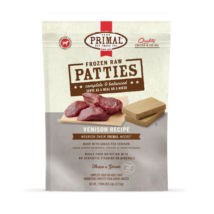 Primal Raw Frozen Dog Food Patties Venison Formula