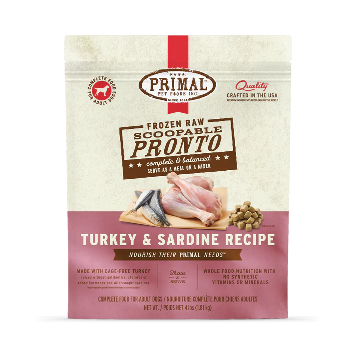 Alimento crudo congelado para perros Primal Pronto, fórmula de pavo y sardinas