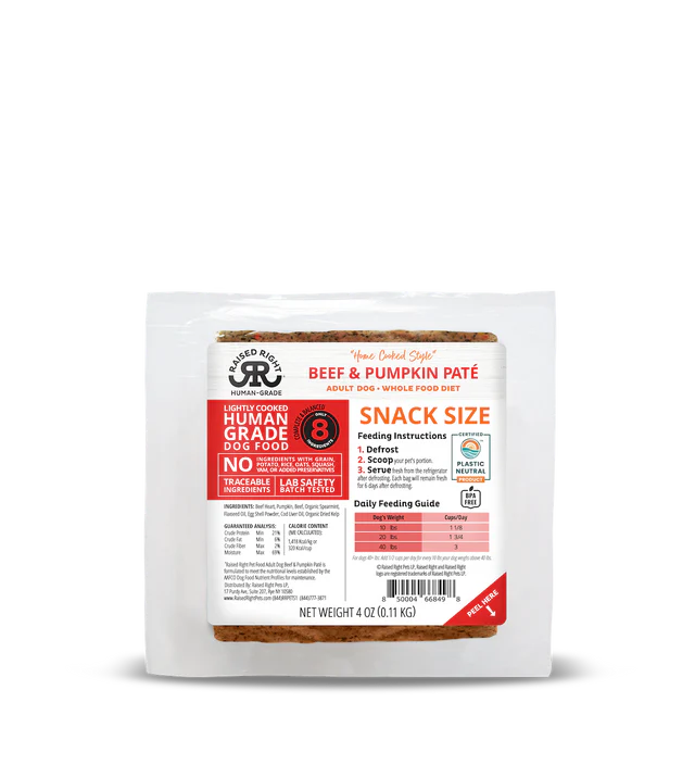 Raised Right Beef & Pumpkin Snack Frozen Dog Food (4oz)