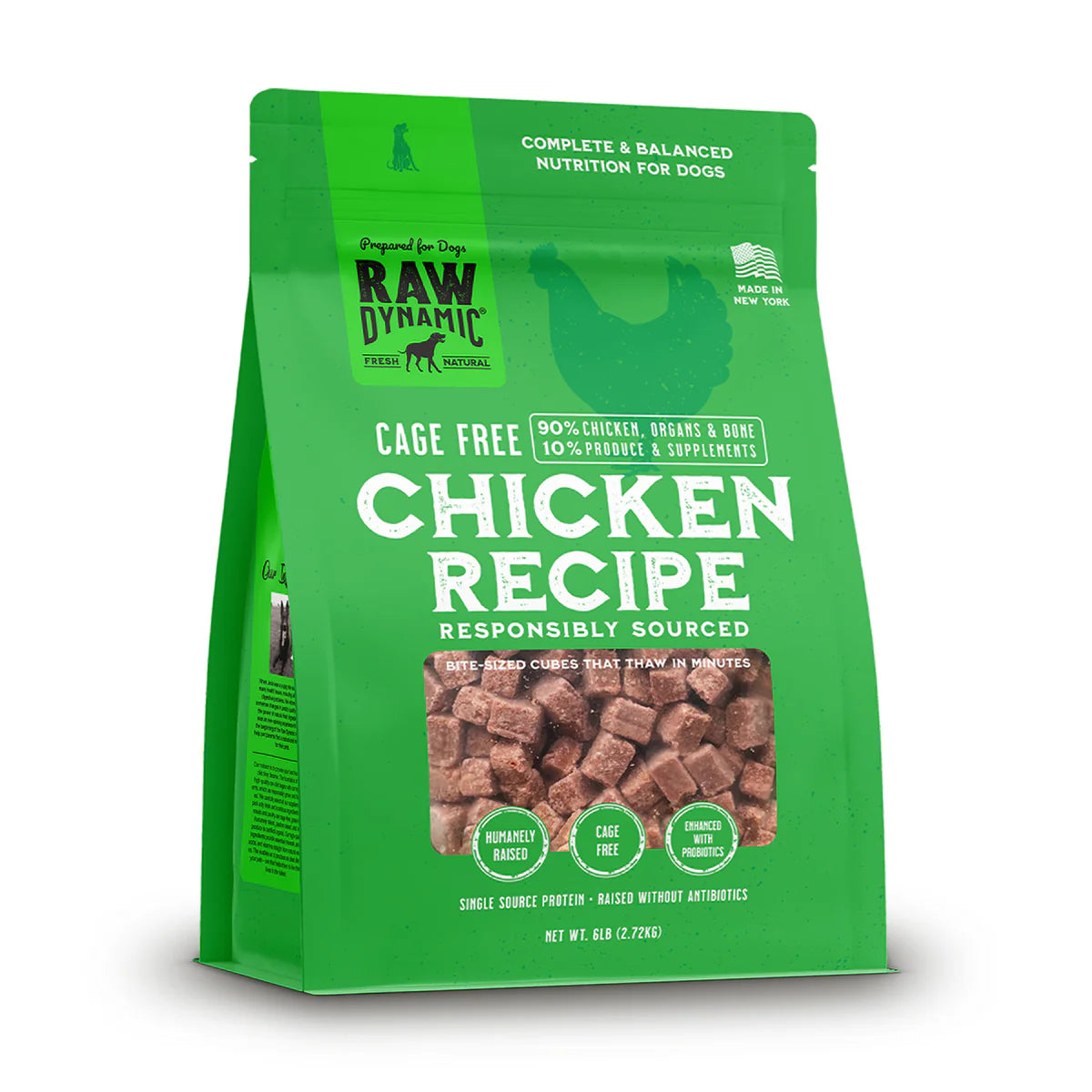 Alimento crudo congelado para perros Raw Dynamic, fórmula de pollo sin jaula
