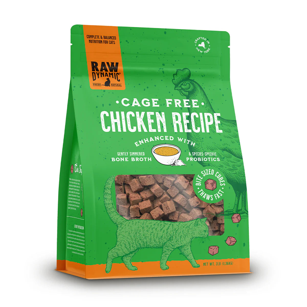 Alimento crudo congelado para gatos sin jaula con fórmula de pollo Raw Dynamic