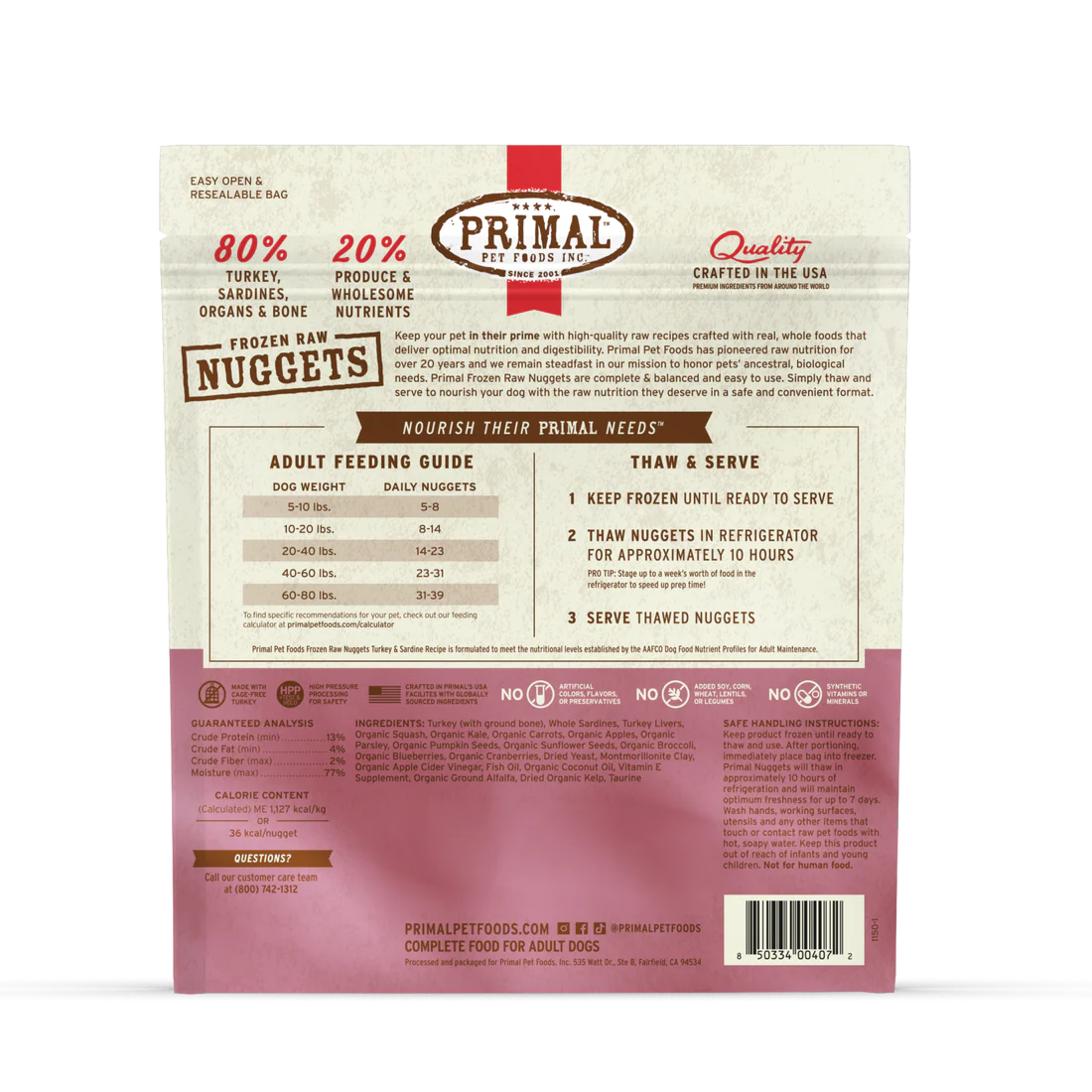 Primal Nuggets Turkey & Sardine Formula Raw Frozen Dog Food