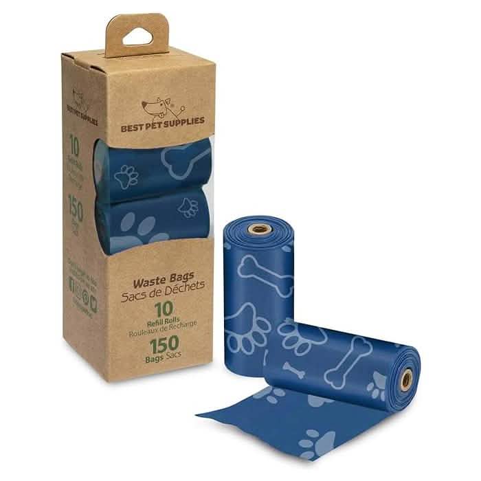 Best Pet Supplies Waste Bags - 10 15 Count Rolls (150 Bags) Blue with White Bones & Paws