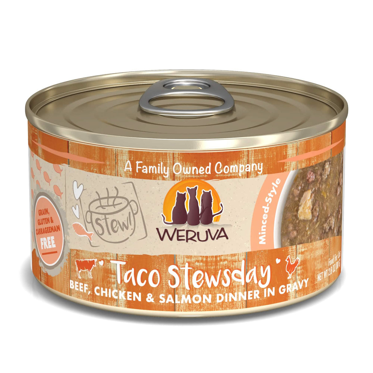 Weruva Cat Classic Stews! Taco Stewsday Beef, Chicken, Salmon in Gravy, 2.8oz Pack