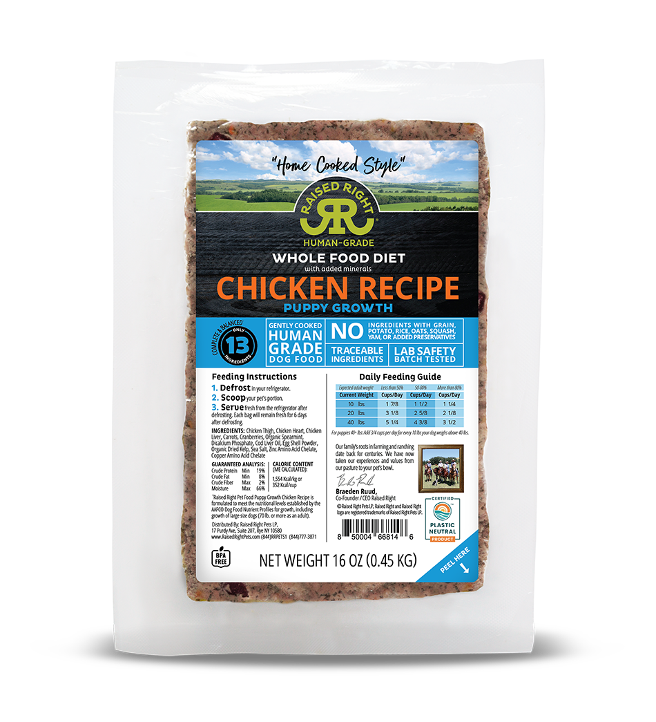 Raised Right Cooked Frozen Puppy Food Chicken Growth Recipe 1lb