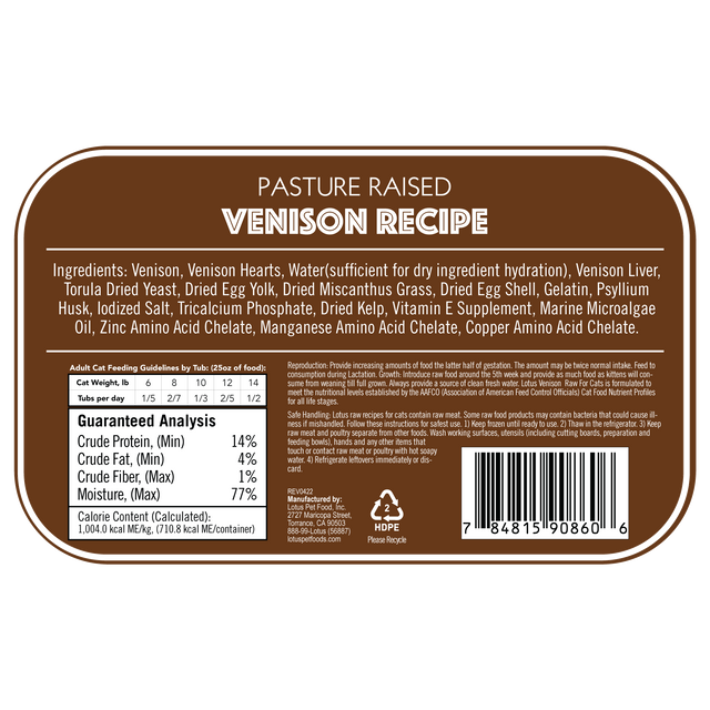 Lotus Raw Frozen Cat Food Pasture-Raised Venison 3.75oz