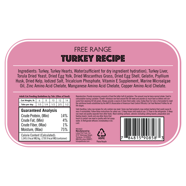 Lotus Raw Frozen Cat Food Free-Range Turkey 3.75oz