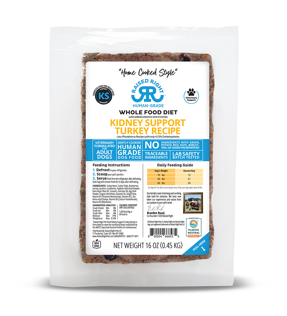 Raised Right Cooked Frozen Dog Food Adult Kidney Support Turkey Recipe 1lb