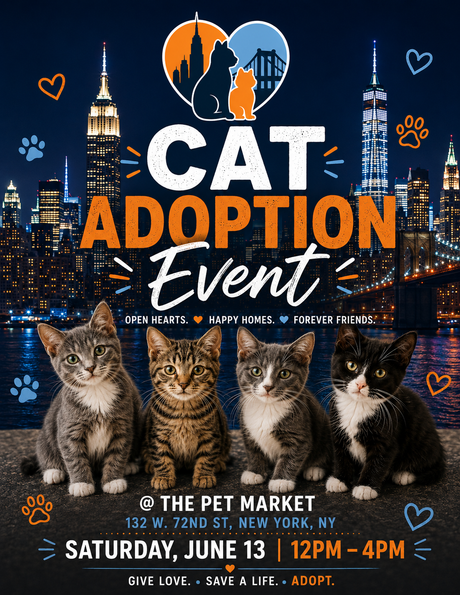 Cat Adoption Event - Saturday June 13th, 2026 12pm-4pm at the 132 West 72nd St Pet Market Location