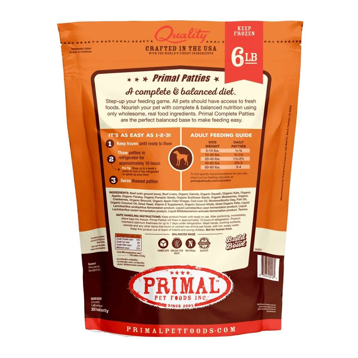 Primal Raw Frozen Dog Food Patties Beef Formula