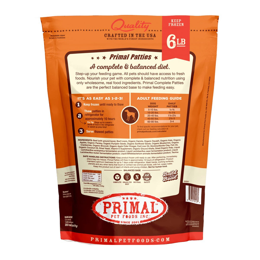 Primal Raw Frozen Dog Food Patties Beef Formula