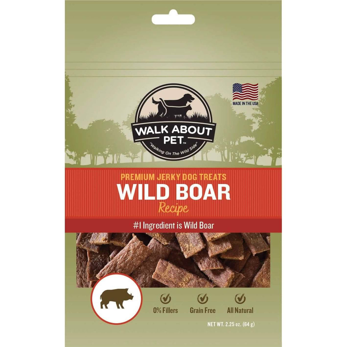 Walk About Wild Boar Jerky for Dogs, Grain Free, 2.25oz Pack