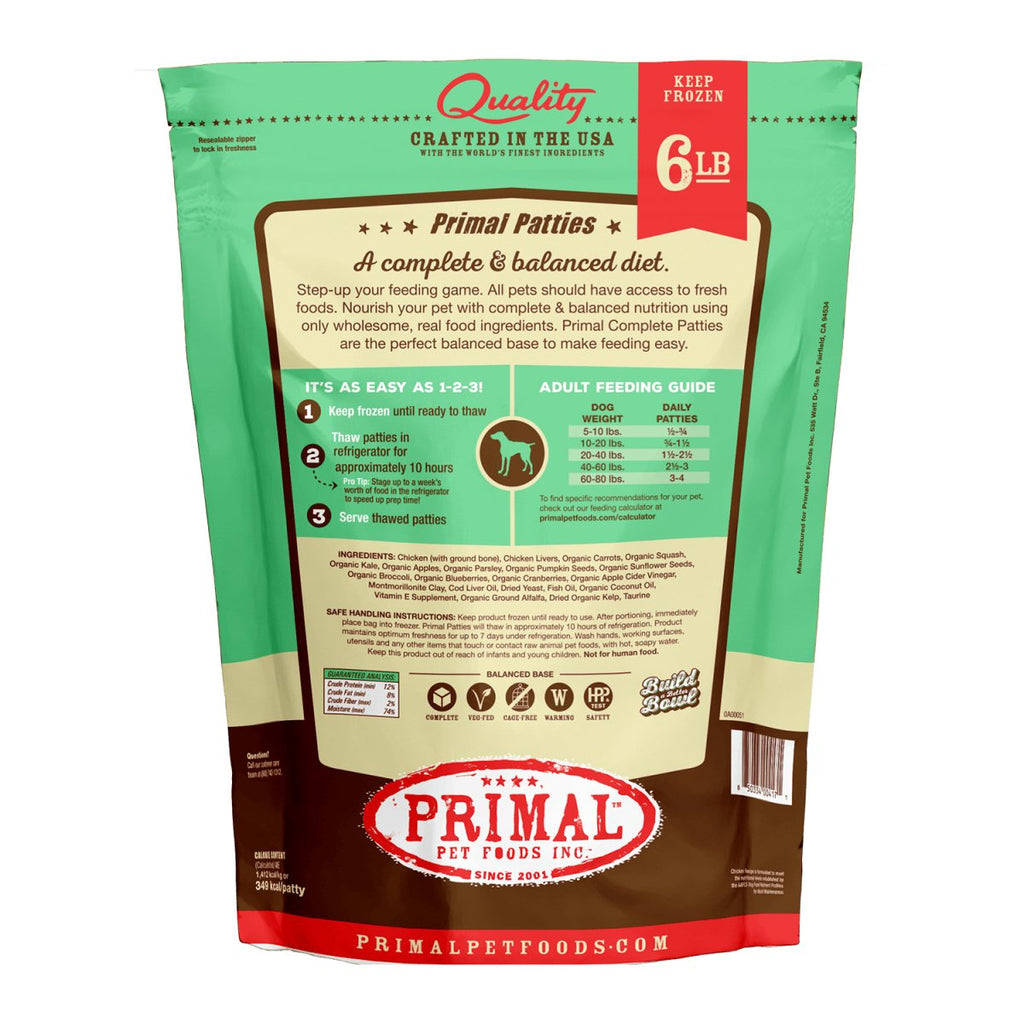 Primal Raw Frozen Dog Food Patties Chicken Formula