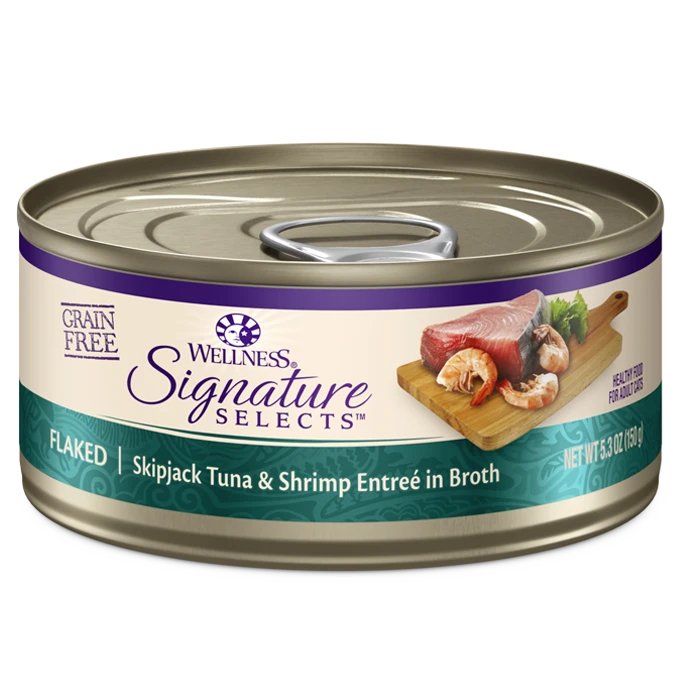 Wellness Wet Cat Food Core Signature Selects Flaked Skipjack Tuna & Shimp in Broth