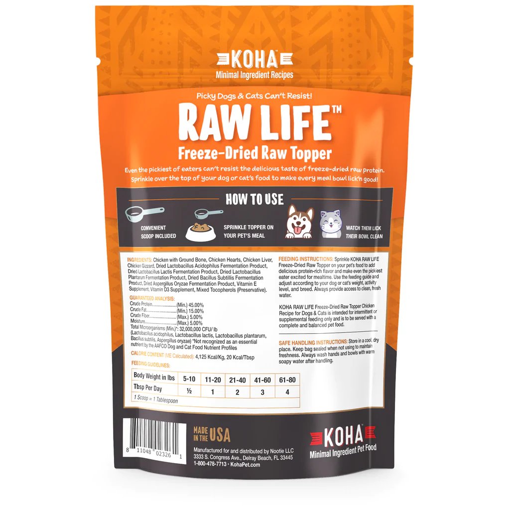 Koha Dog &amp; Cat Food Topper Raw Life Freeze-Dried Raw Topper Chicken Recipe