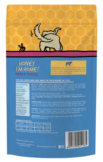 Honey I'm Home! Udder Sticks Natural Honey Coated Water Buffalo Dog Treats (4oz Bag)