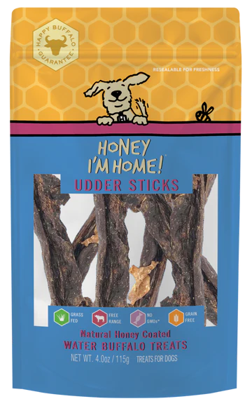 Honey I'm Home! Udder Sticks Natural Honey Coated Water Buffalo Dog Treats (4oz Bag)