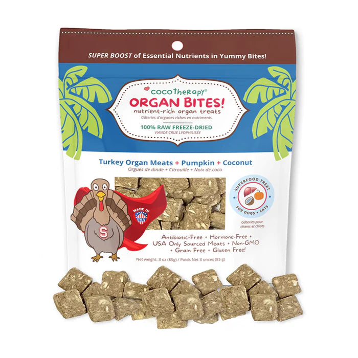 Coco Therapy Organ Bites Turkey Organ Meats, Pumpkin & Coconut Treats for Dogs & Cats (3oz)