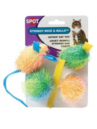 SPOT Stringy Mice & Balls with Catnip Cat Toy (4 Pack)
