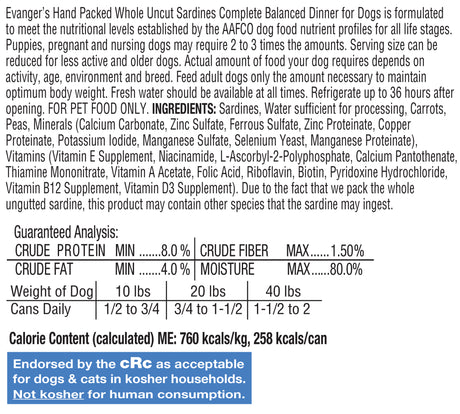 Evanger's Dog Wet Food Whole Uncut Sardines 12oz