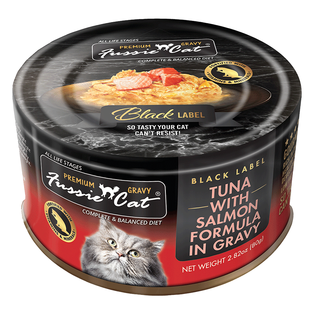 Fussie Cat Wet Food Black Label Tuna & Salmon in Gravy 2.82oz