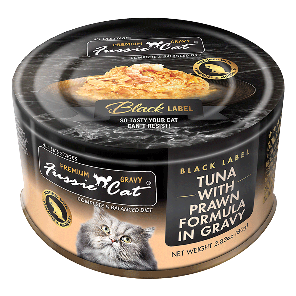 Fussie Cat Wet Food Black Label Tuna with Prawn Formula in Gravy 2.82oz