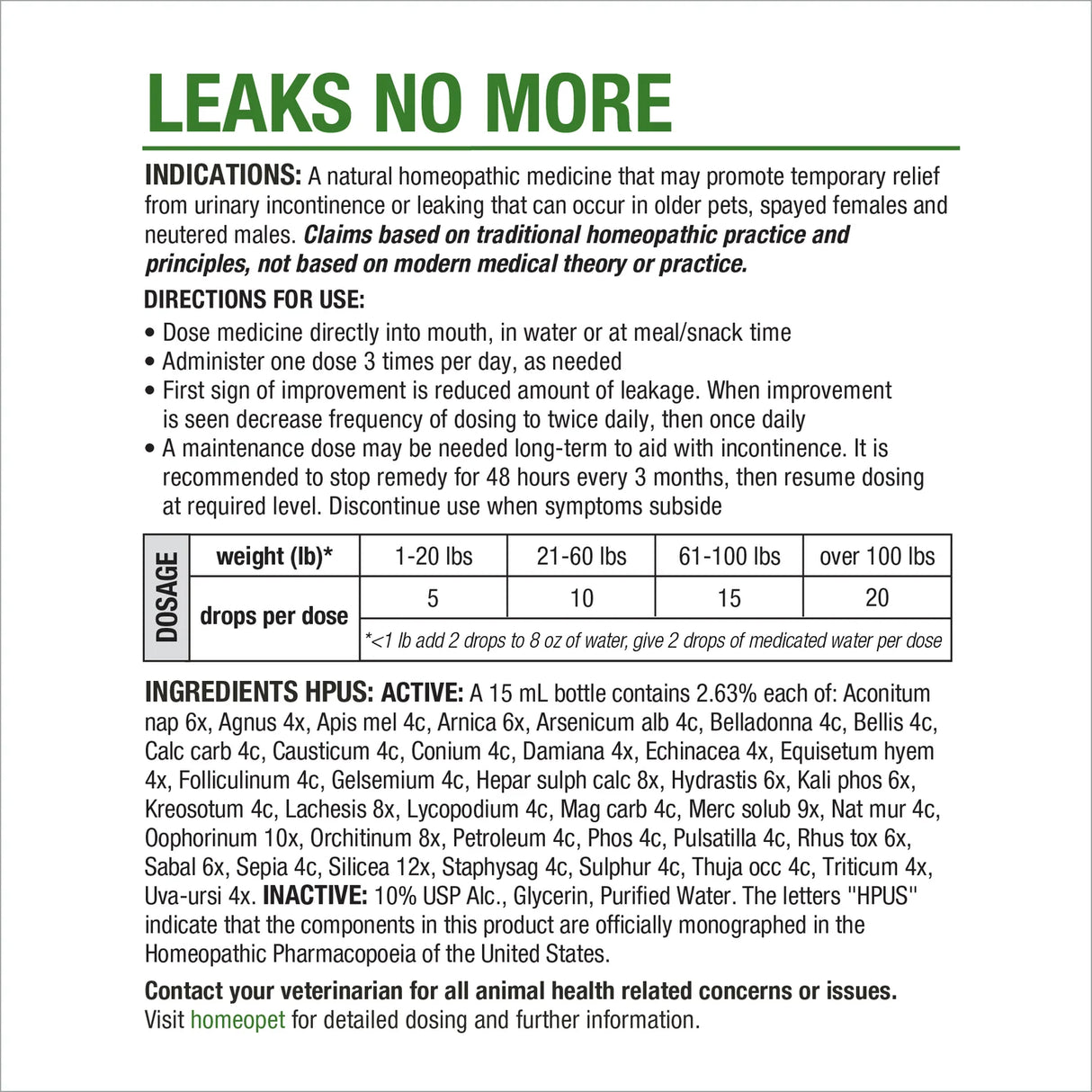 HomeoPet Leaks No More for Pets