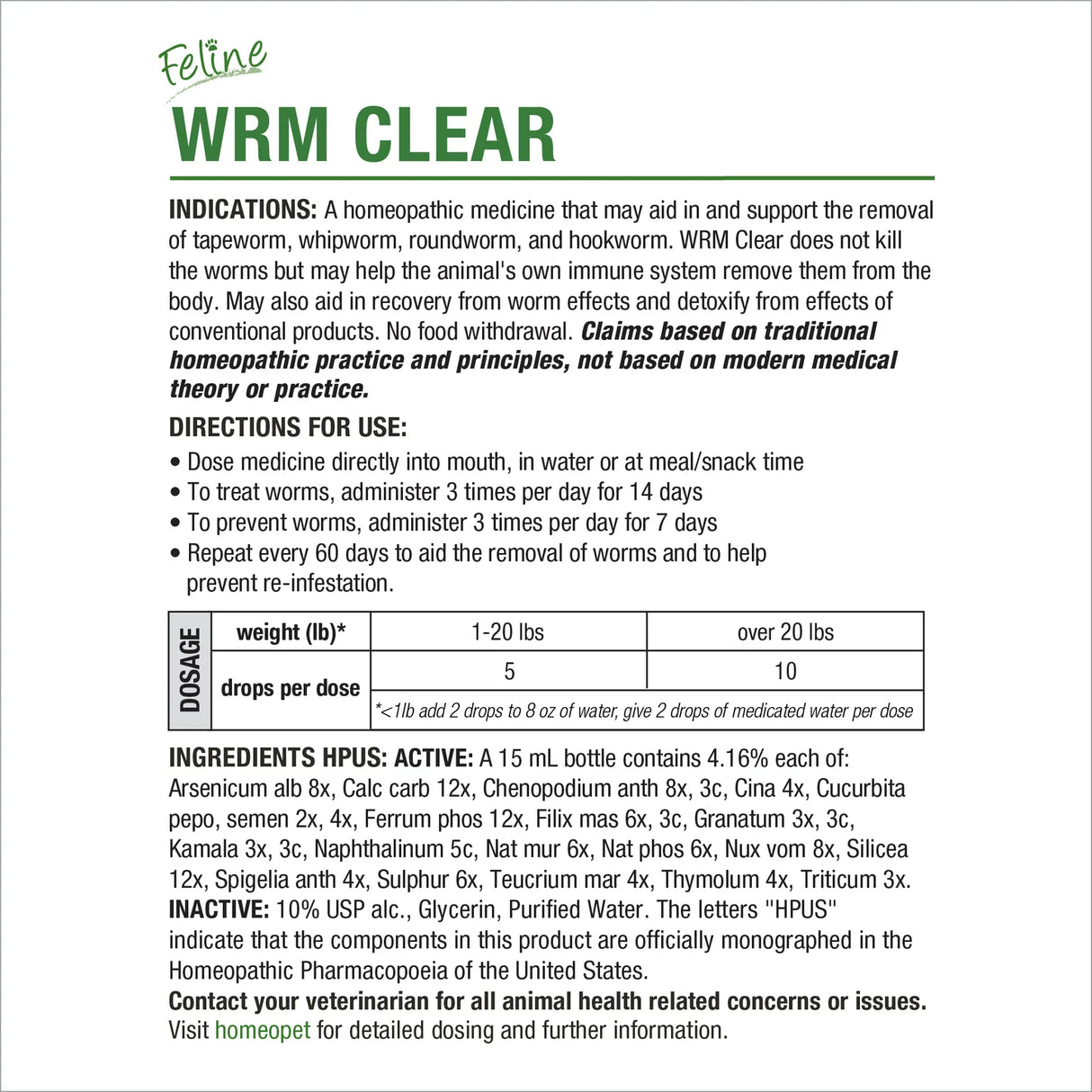 HomeoPet Feline WRM Clear for Cats