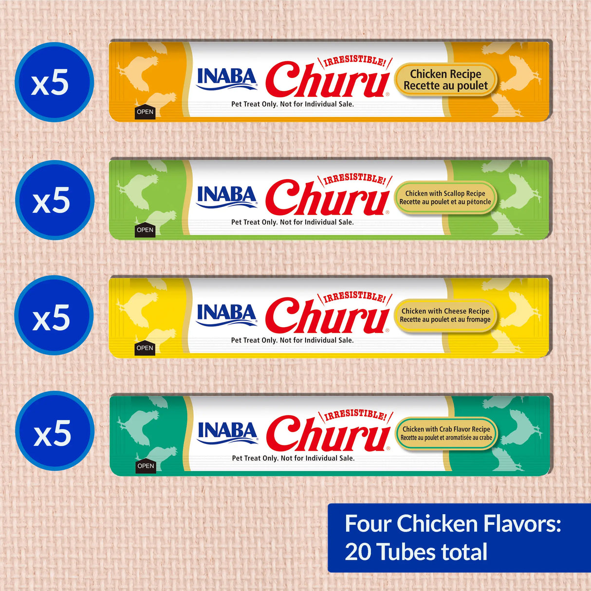 Tubos variados de pollo Inaba Churu, paquete de 20