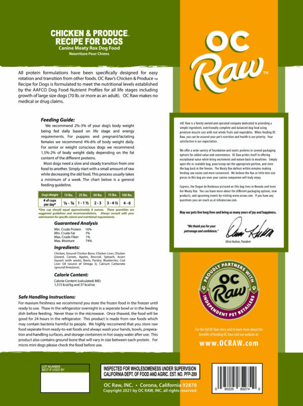 OC Raw Chicken & Produce Meaty Rox Frozen Raw Dog Food (3lb bag)