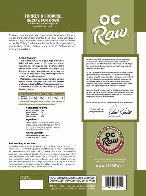 OC Raw Turkey & Produce Meaty Rox Frozen Raw Dog Food (3lb bag)