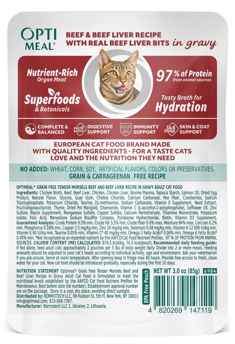 OptiMeal Grain-Free Adult Tender Morsels with Beef & Beef Liver in Gravy Wet Cat Food (3oz pouch)