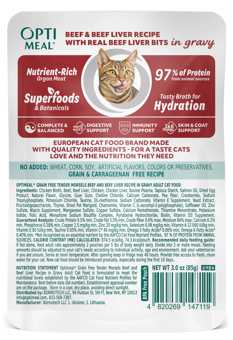 OptiMeal Grain-Free Adult Tender Morsels with Beef & Beef Liver in Gravy Wet Cat Food (3oz pouch)