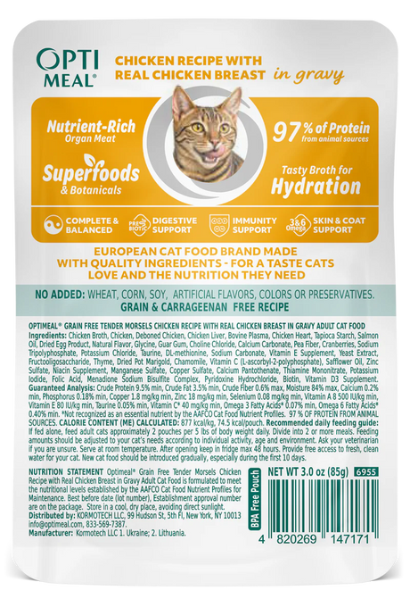 OptiMeal Grain-Free Adult Tender Morsels with Chicken Breast in Gravy Wet Cat Food (3oz pouch)