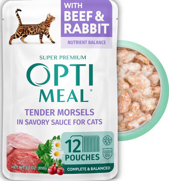Optimeal Cat Wet Food Pouch Grain Free Adult Digestive Support Beef & Rabbit 3oz
