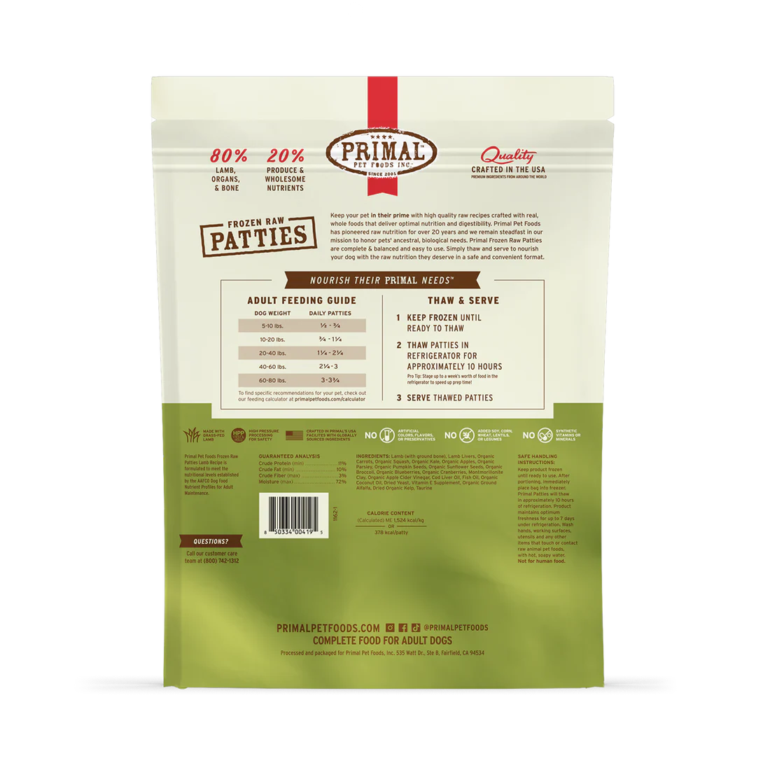 Primal Frozen Raw Patties Lamb Formula Dog Food
