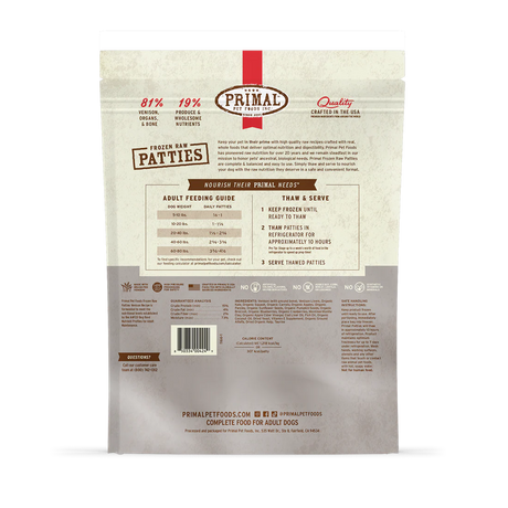 Primal Raw Frozen Dog Food Patties Venison Formula