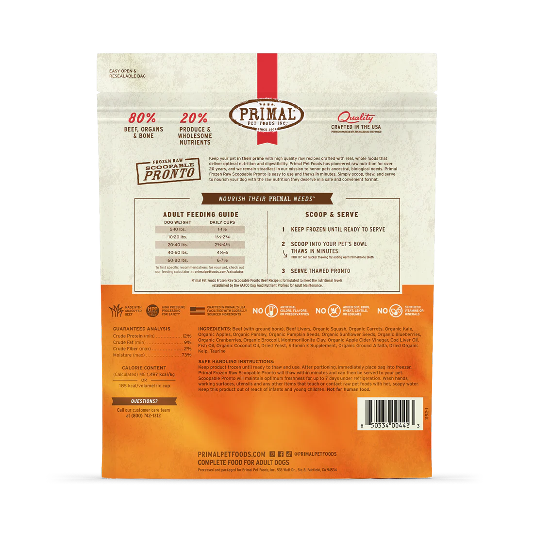 Alimento crudo congelado para perros Primal Pronto, fórmula con carne de res