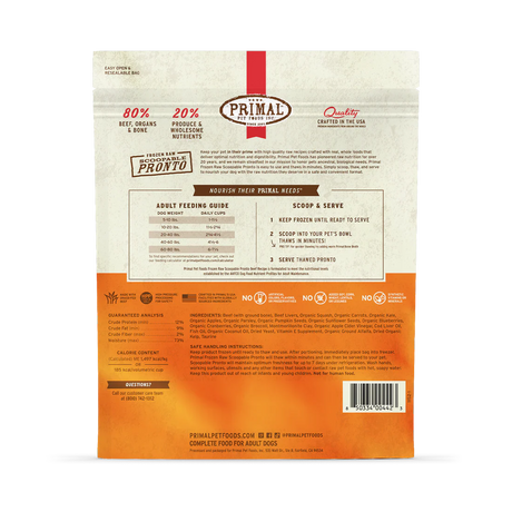 Alimento crudo congelado para perros Primal Pronto, fórmula con carne de res